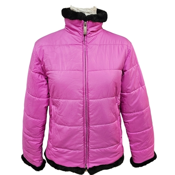 Spyder Pink Full Zip Front Puffer Jacket Black Faux Fur Trim Size 4 Outdoor Snow - Picture 1 of 12
